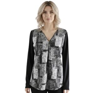 Bali Elegant Black & White Abstract Pattern Top with Zip Collar, size M